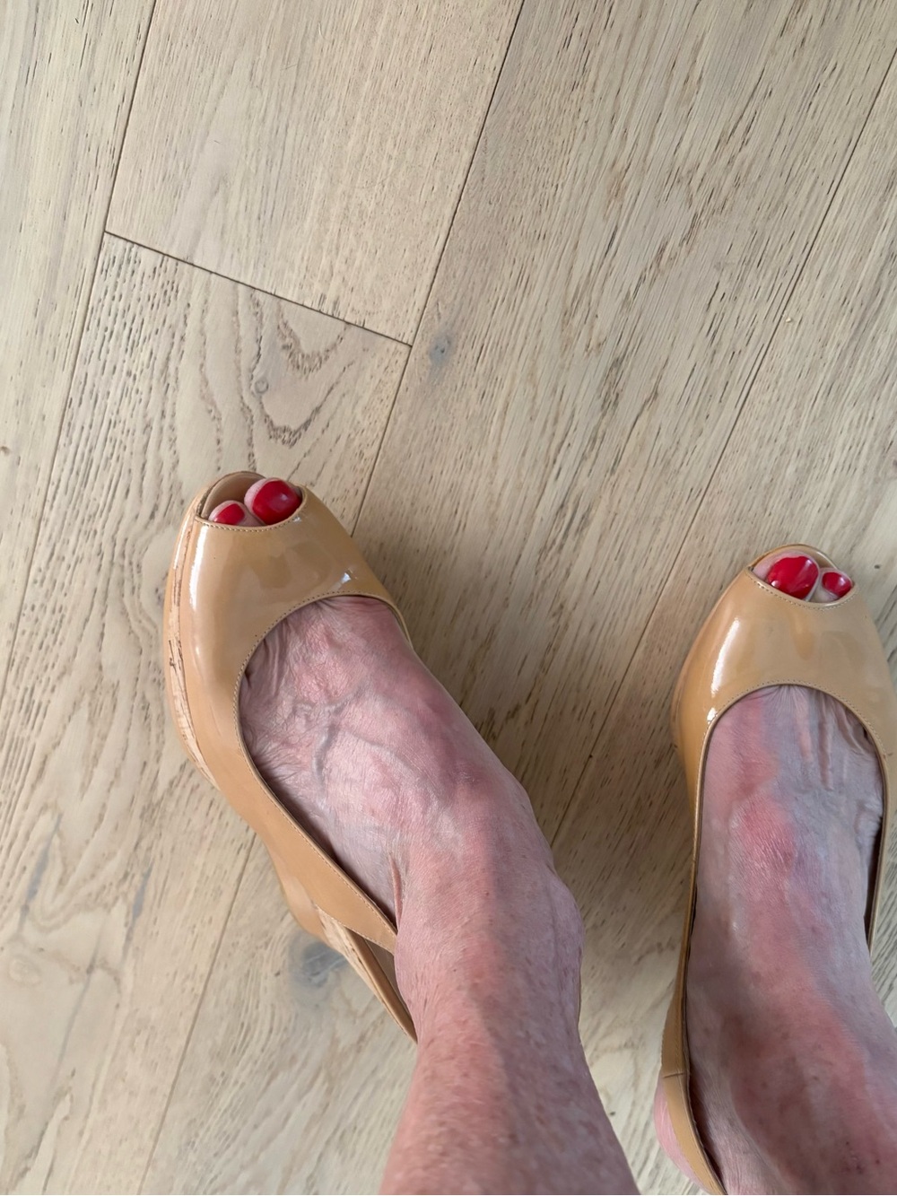 Stuart Weitzman patent leather slingback heels with platform cork wedge